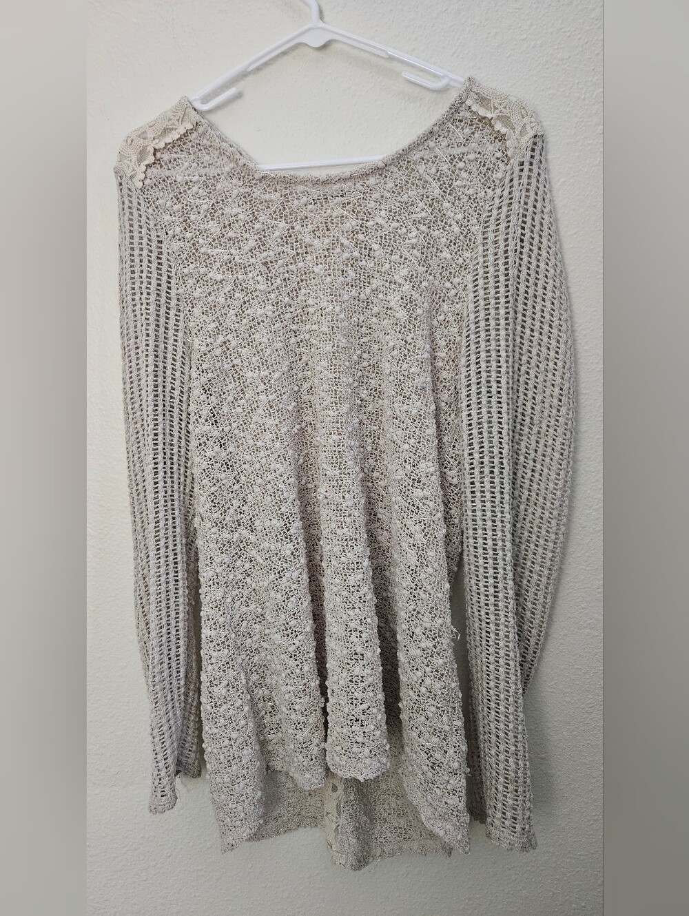 Boho Cream Open Knit Crochet Top Lace Panel Roll Tab Sleeve Sheer Sweater Fits L